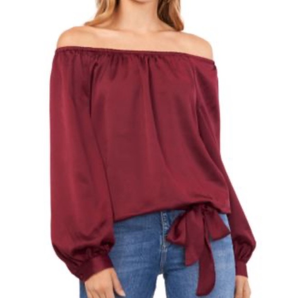 Vince Camuto Tops - Vince Camuto Off-Shoulder Tie-Hem Blouse in Burgundy
